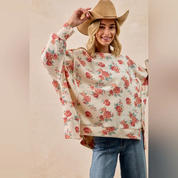 BiBi Floral Print Oversized Waffle Thermal Sweatshirt - Picture 6 of 10
